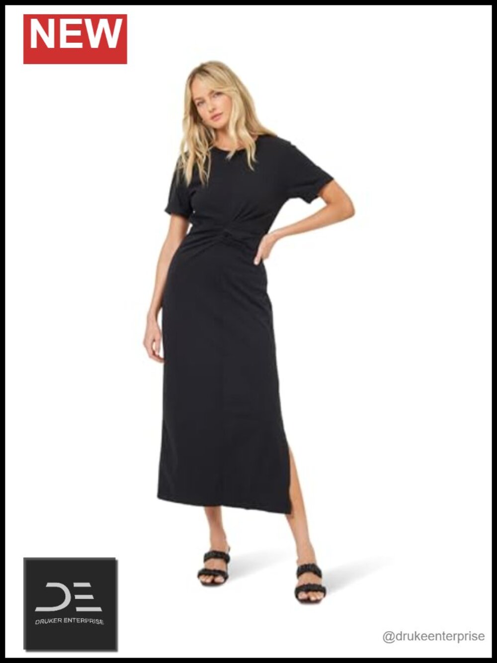 Cotton Midi Dress Relaxed Fit Twist Front Slit Casual